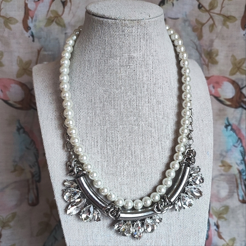 Faux Glass Pearl Clear Faceted Rhinestone  Dual Strand Silver Tone Necklace